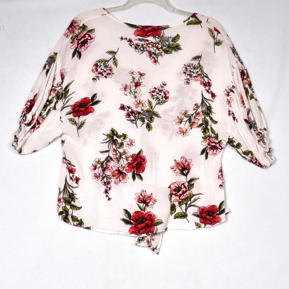 M Fasis Women's Top S Ivory Floral Button Tie Front Short Sleeve Boho Peasant - Picture 4 of 5